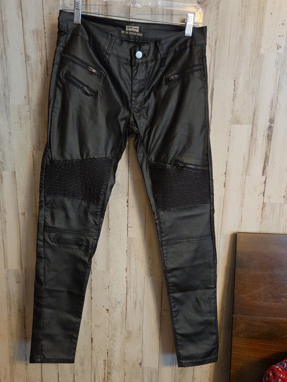 Women's Black Coated Moto Skinny Pants